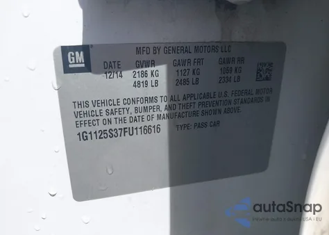 2015 Chevrolet Impala 2Lt z USA, uszkodzony, nr VIN 1G1125S37FU116616